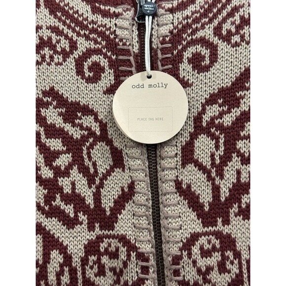ODD MOLLY Tan Maroon Floral Full Zip Cardigan Women's Sz 1 / Sm 100% Cotton New - Picture 4 of 5